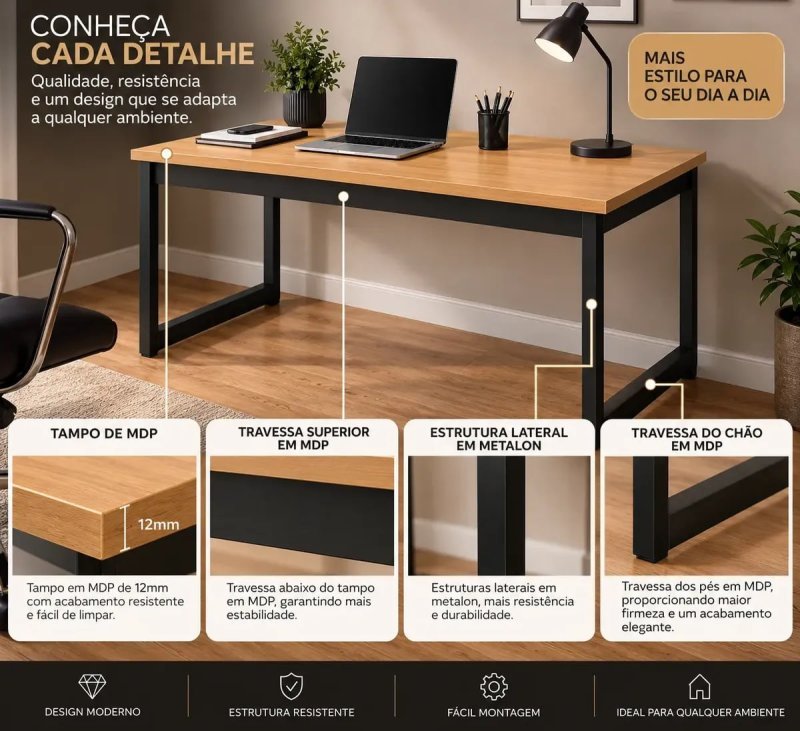 Mesa Escritório Industrial 150x60 Reforçado Ferro Homeoffice