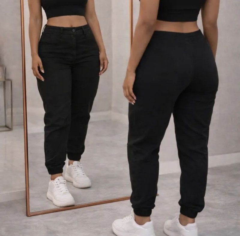 Calça Cargo Jogger Jeans Feminina Cintura Alta Com Lycra