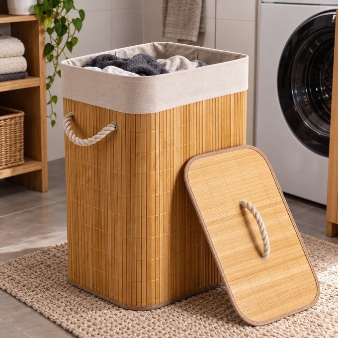 Cesto de Roupas Bambu 70L + Frete Grátis