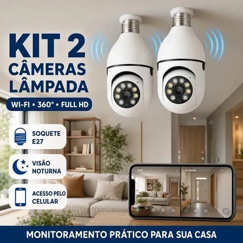 Kit 2 Câmeras de Segurança Lâmpada Wi-Fi Full HD 1080p para Monitoramento Interno
