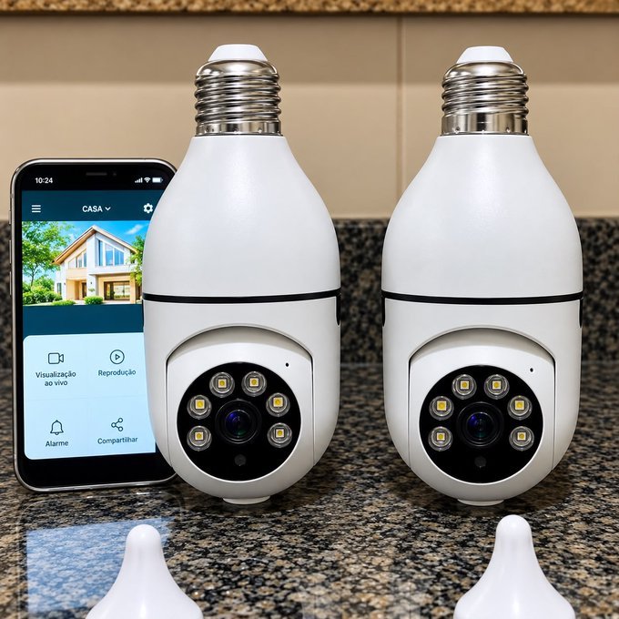 Kit com 2 Câmeras de Segurança Lâmpada Wi-Fi FHD 1080p
