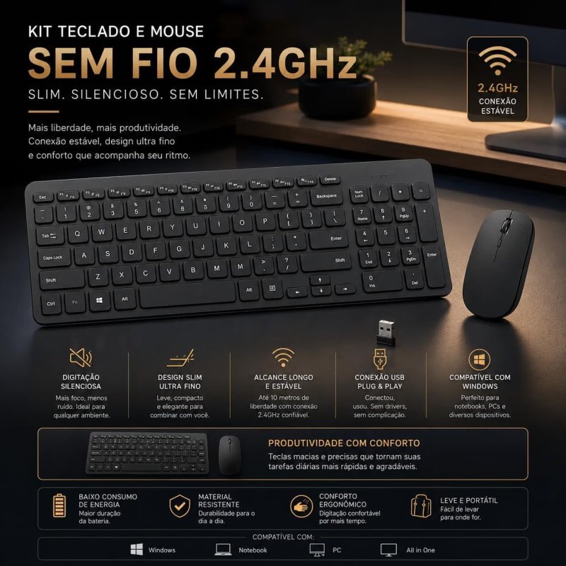Kit Teclado e Mouse Sem Fio 2.4GHz Slim Ultra Fino
