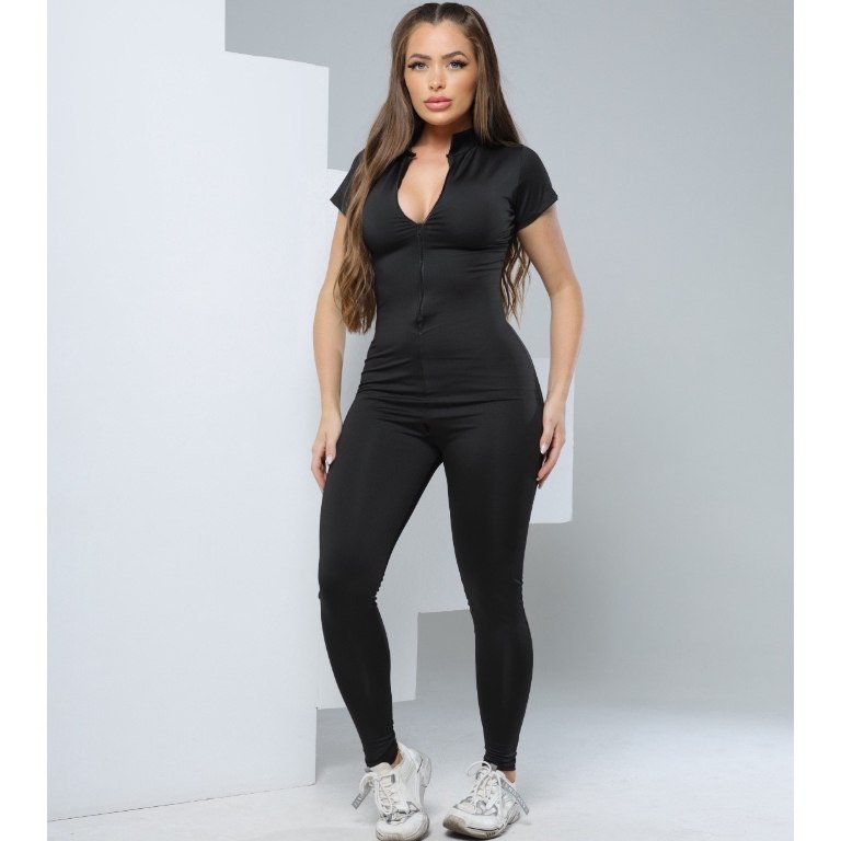 Macacão Gringo Longo Baby Look de Calça Com Zíper Fitness Balada Treino