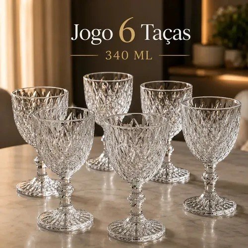 Jogo 6 Taças De Vidro Diamond Cristal 340 ML Luxo Elegante