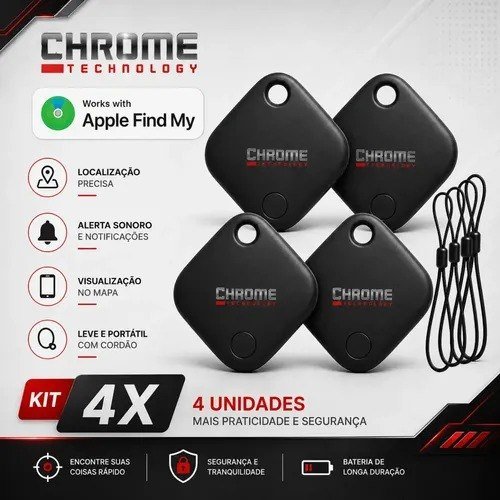 Chaveiro Localizador Smart Tag Kit 4 Rastreador iOS Apple GPS Com Cordão Chaveiro Cor Preto Compatível Com iPhone Chrome Technology