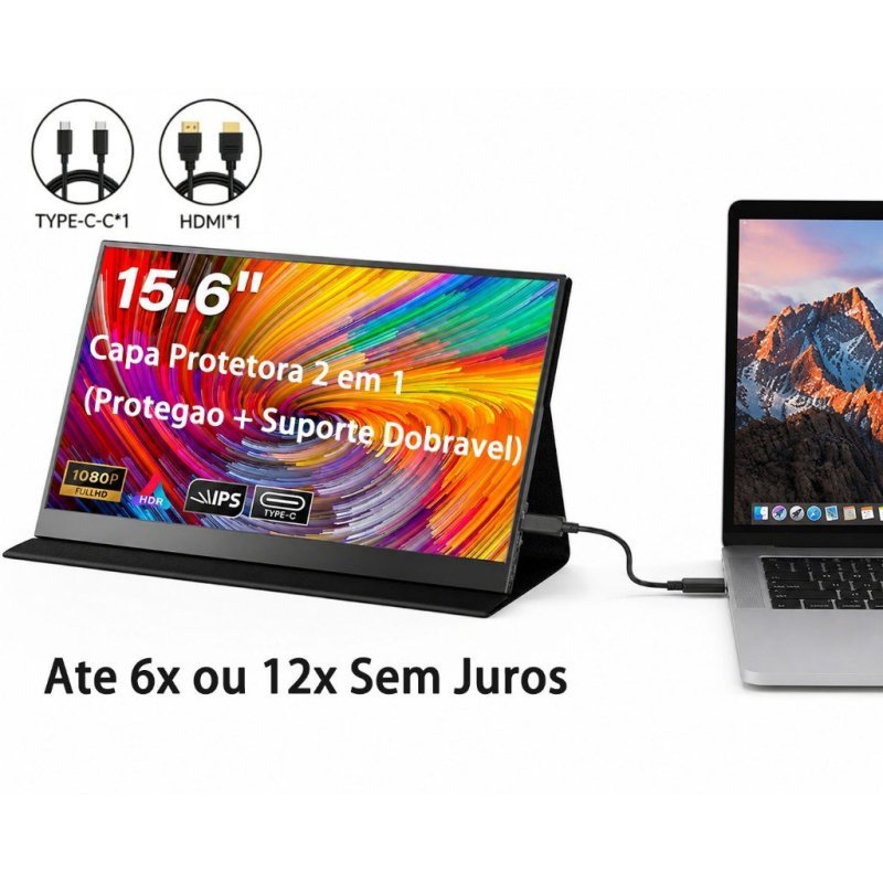 Monitor Portátil 15.6 Pol FHD 1080P IPS Type-C HDMI Segunda Tela para Notebook Celular Switch PS5 Plug & Play com Capa
