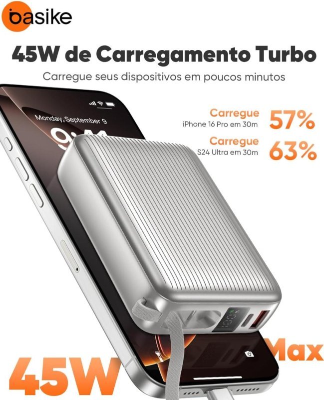 Basike Power Bank 20000mAh 45W, Cabo USB-C Integrado, Compacto, Prata