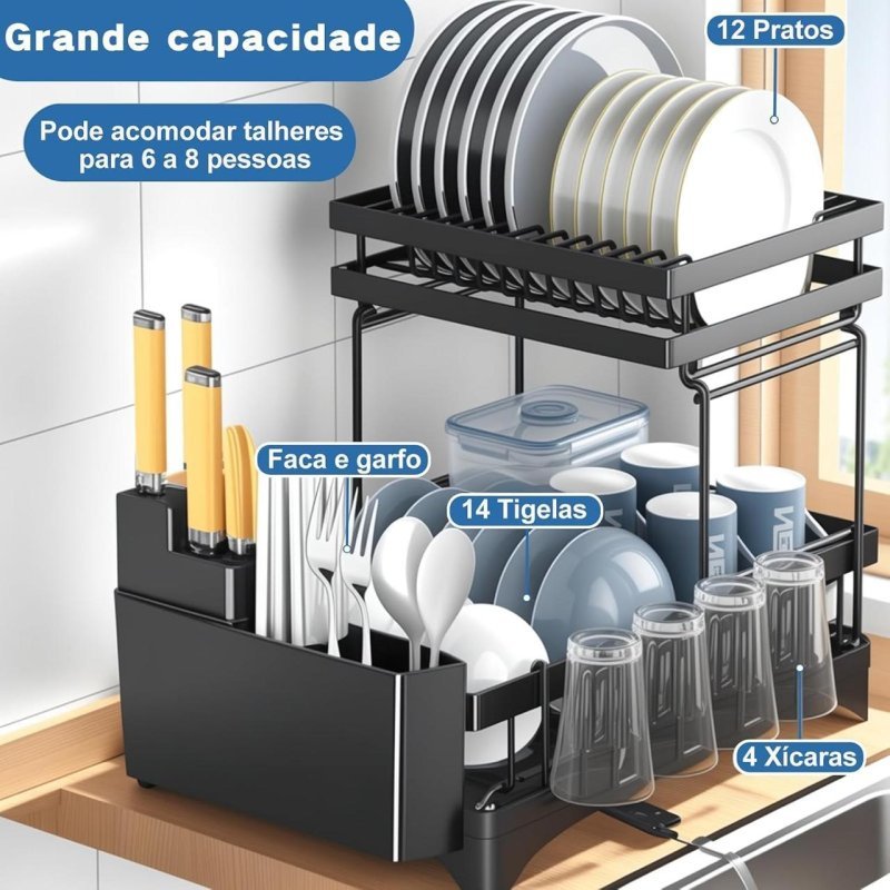 Escorredor de Louça Inox 2 Camadas com Suporte para Talheres, Copos, Facas, Tábuas e Bandeja