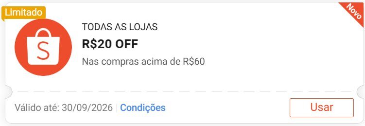 Cupom Shopee - R$ 20 OFF em R$ 60