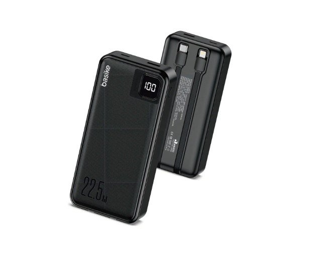 Power Bank Basike 20000mAh Preto, Carga Rápida 22.5W para iPhone e Samsung, Com Cabos Embutidos e Display