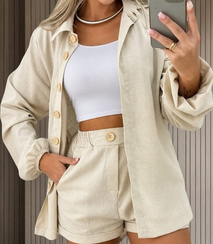 Conjunto Linho Feminino Camisa E Short Linha Premium