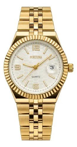 Relógio De Pulso Masculino Fortuna Old Money Minimalista Dourado Cx Branca