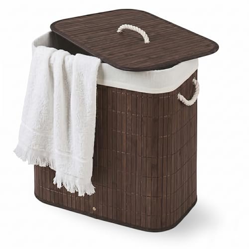 Cesto De Roupa Suja com Alças Em Bambu Com Tampa Forrado Banheiro Lavanderia Quarto