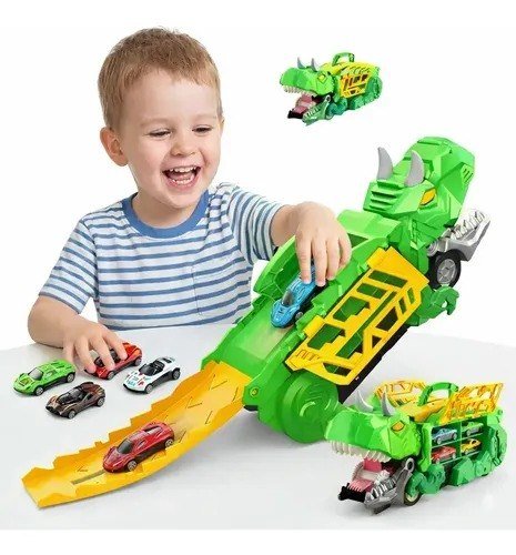 Maleta Caminhão Dinossauro Cegonha + 4 Carrinhos Pista Lançador Brinquedo Compatível Com Hotwheels Super Brasileirinho Verde