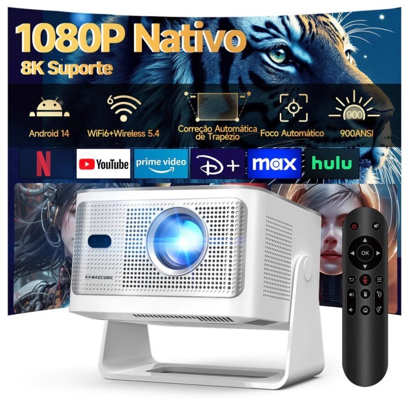 Magcubic HY350 Max Projetor 1080P Nativo 900 ANSI Android 14 H726 8K WiFi 6 BT 5.4 Autofoco Controle por Voz