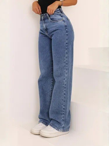 Calça Jeans Wide Leg Feminina Cintura Alta Pantalona Jeans Marmorizado Liso 34