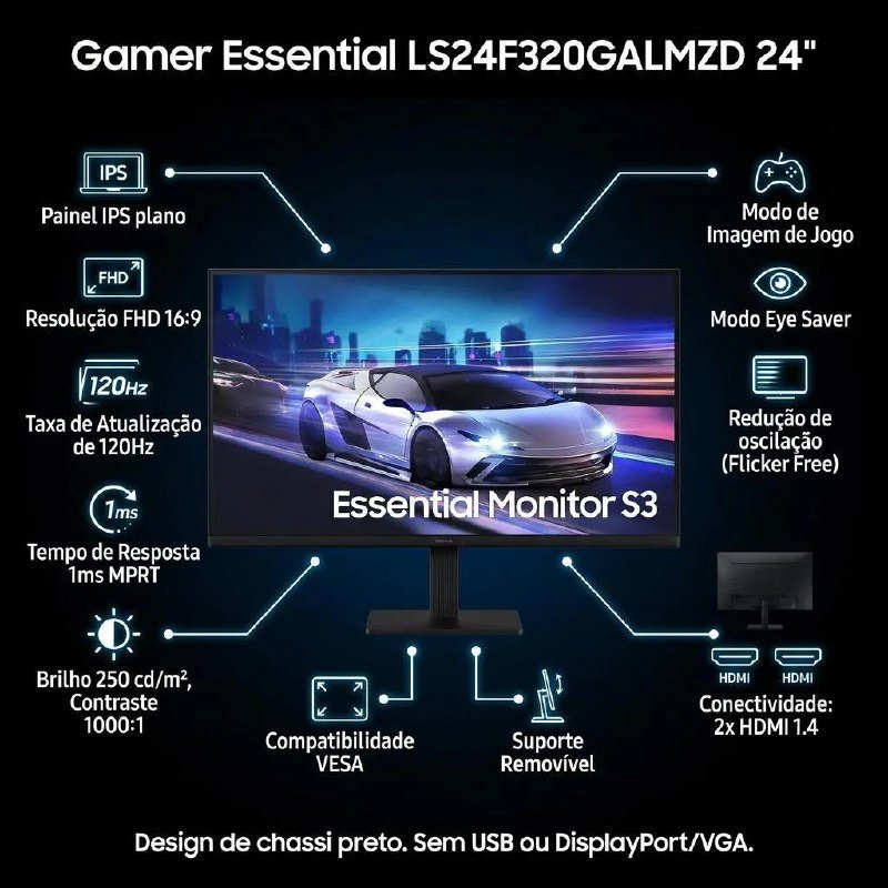 Monitor Gamer Samsung Essential S3, 24" FHD, 120 Hz, HDMI, Preto