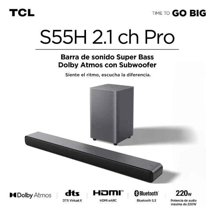Soundbar Tcl Com Subwoofer Sem Fio Bluetooth 2.1 Canais 220w Rms Hdmi Arc S55h