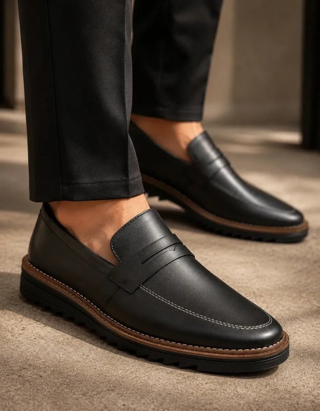 Mocassim Masculino Sapato Social Sola Tratorada Casual Preto Liso