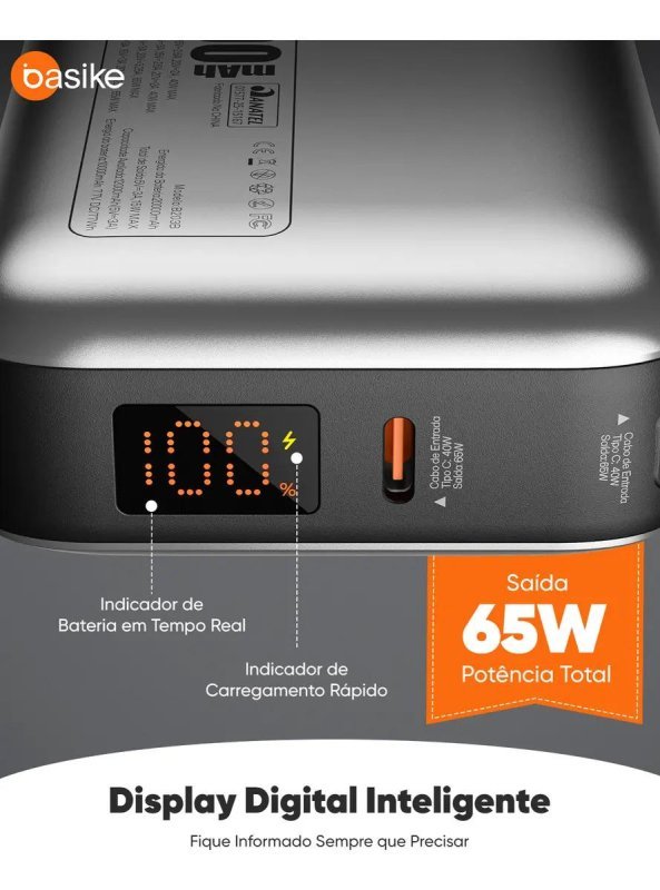 Power Bank Basike 20000mAh para Notebook e Celular com Cabo USB-C 65W