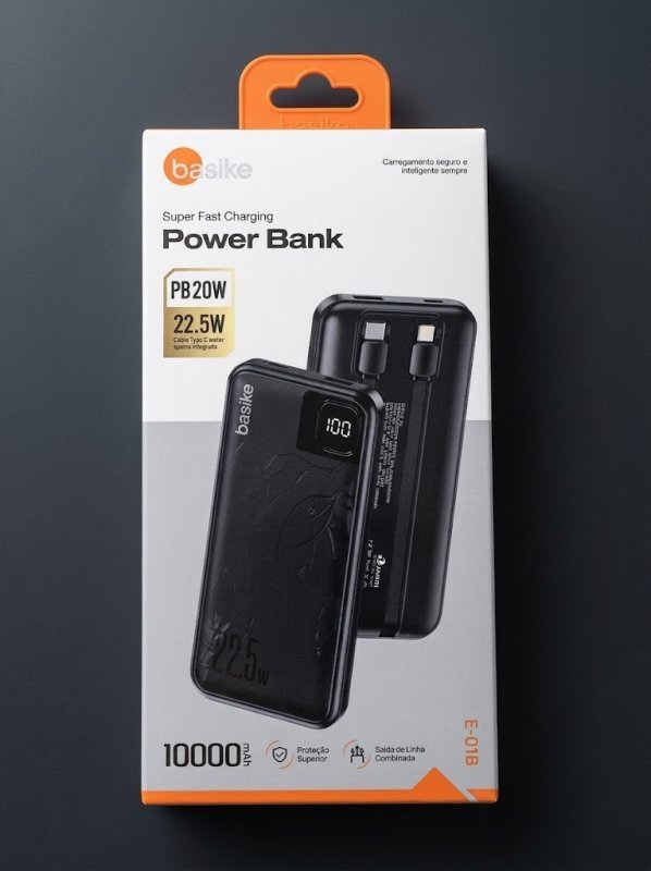 Power Bank Basike 20000mAh Preto, Carga Rápida 22.5W