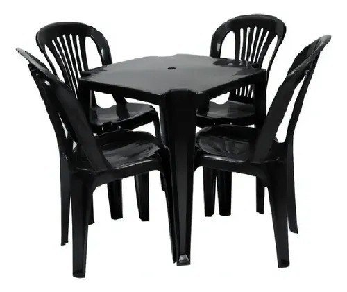 JR GOLD Kit Mesa Plástico Quadrada Preta com 4 Cadeiras Bistrô 70cm