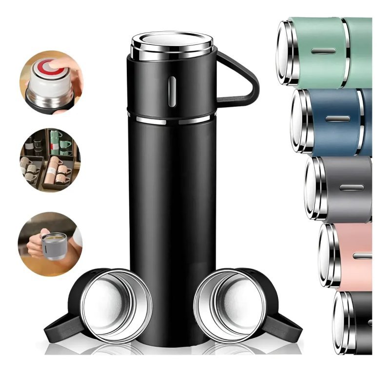 Kit com Garrafa Térmica Vacuum Bottle Inox 500ml + 3 Xícaras