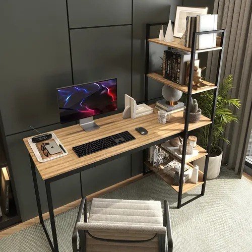 Mesa Escrivaninha Industrial Laminado Com Preto 5 Prateleiras Design Moderno Modelo Para Home Office Mod: Athenas Shoop