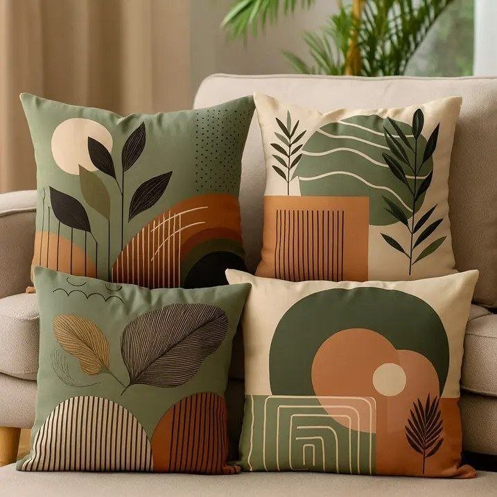 Kit 4 Capas De Almofadas Moderna 45x45 - Floral Verde E Bege