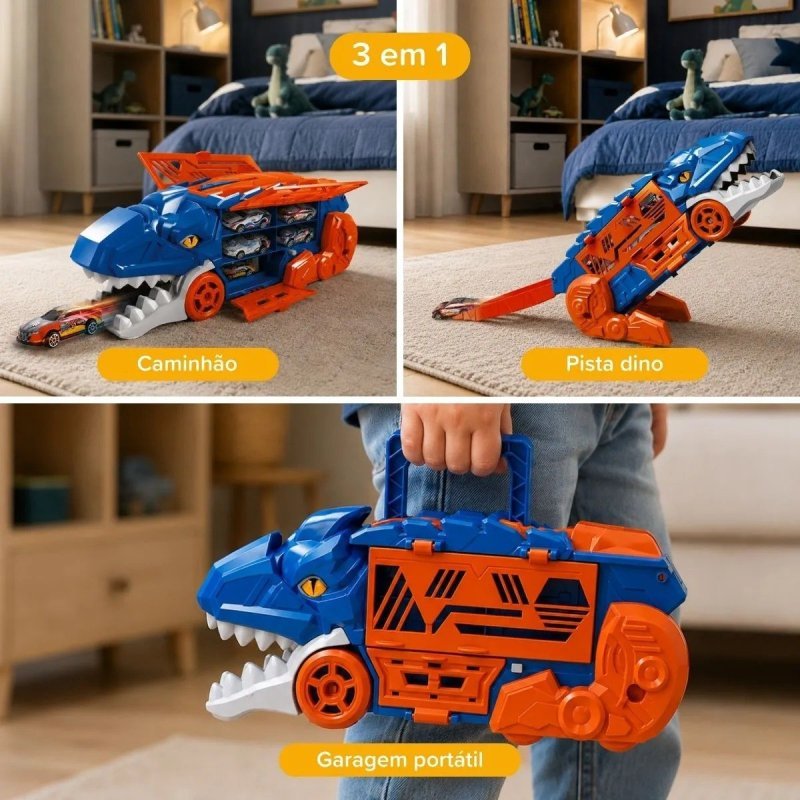 Caminhão Dinossauro 6 Carrinhos Pista 2x1 Dinobot Maxi Toys + Frete Grátis