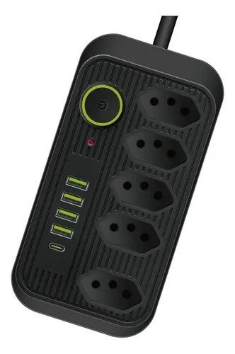 Extensão 5 Tomadas E 1 Pd 4 Usb Led Bivolt Power 127v/220v Preto
