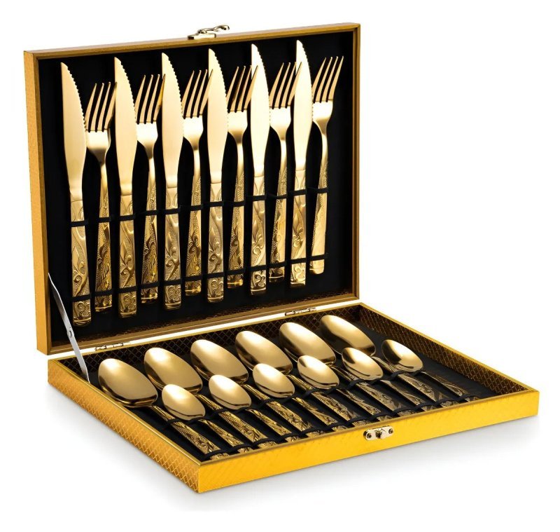 Kit Faqueiro Dourado Luxo Jogo Talheres Inox 24pçs + Maleta