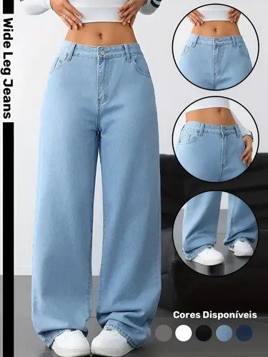 Calça Wide Leg Jeans Feminina Reta Perna Larga Empina Bumbum