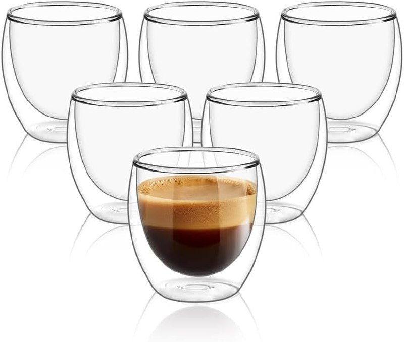 Conjunto com 6 Xícaras de 80ml Vidro para Café de Parede Dupla