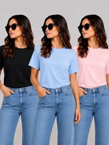 Kit Camiseta T-shit Feminina Malha Peruana Básica Oversized Preto - Azul Bebe - Rosa Claro Gg Liso
