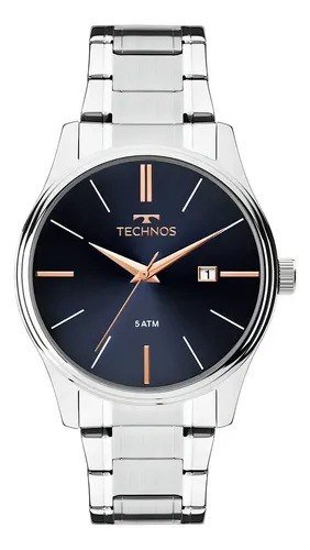 Relógio Technos Classic Masculino de Aço Inoxidável Prata com Fundo Azul