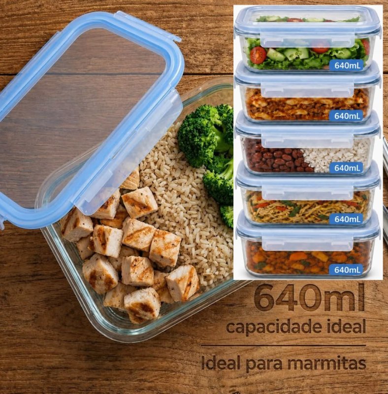Kit 5 Potes Herméticos Vidro 640ml