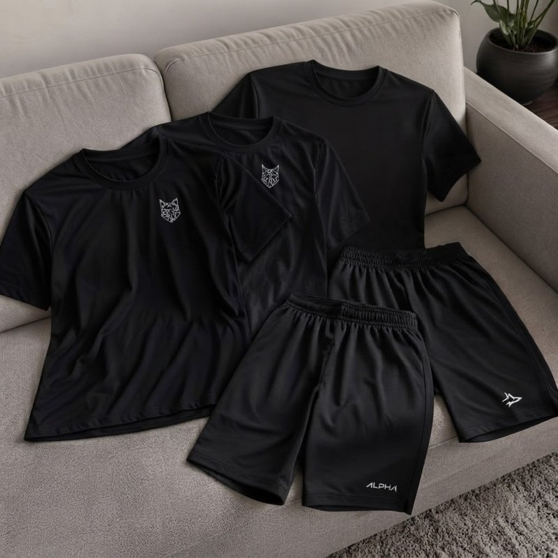 Kit 5 Peças All Black Dry 3 Camisetas E 2 Bermudas Alpha (P ao GG)