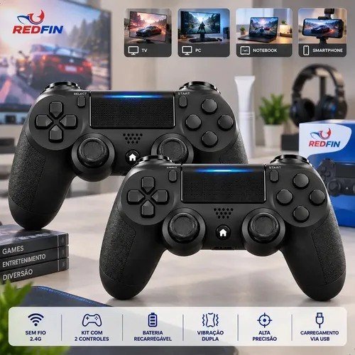 Kit 2 Controle Para Ps4 Sem Fio Redfin Para Ps4 Pc Bluetooth Touchpad Vibração Dupla