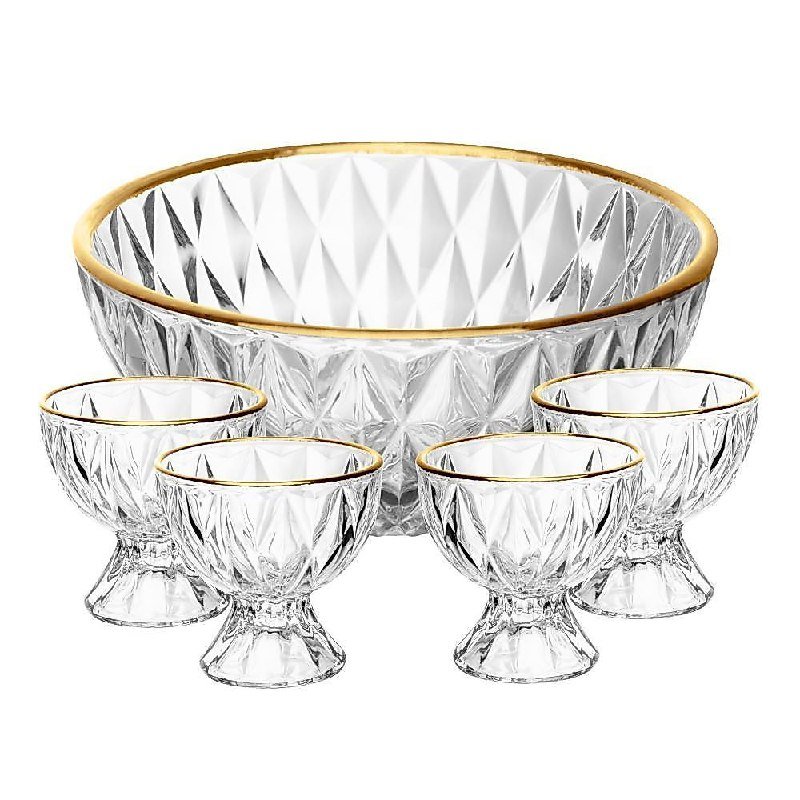 Conjunto 1 Bowl 1L e 4 Taças 120ml Diamond Lyor Cristal com Fio de Ouro para Sobremesas Doces Frutas Mousse Pavê 5 Peças