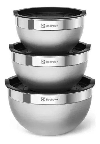 Electrolux Kit Bowls Tigelas em Inox com Tampa Plástica 3 Unidades Utensílios Domésticos de Cozinha