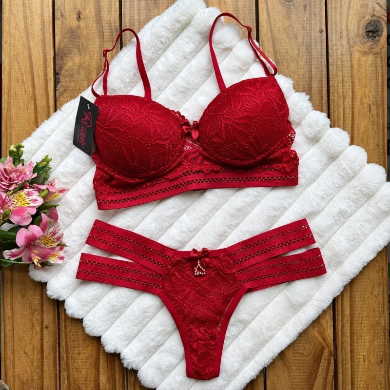 Conjunto Lingerie Renda Com Bojo Feminino Confortável