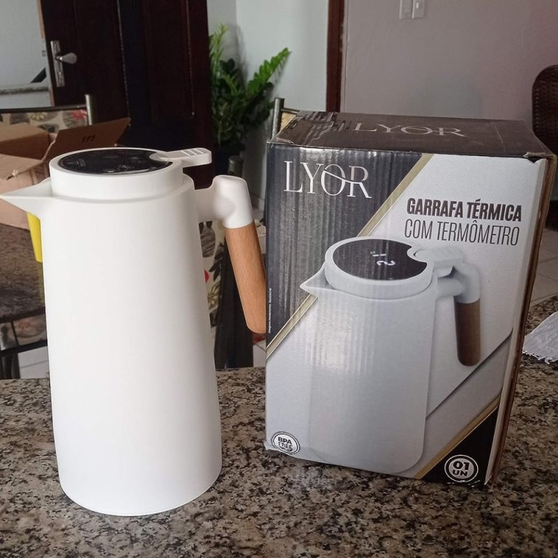 Garrafa térmica 1L Lyor com termômetro e cabo de madeira