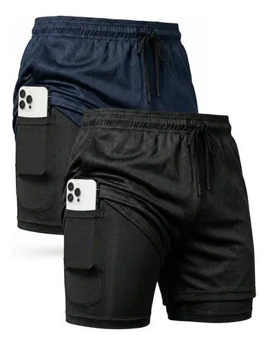 Kit 2 Shorts 2 Em 1 Masculino Dry Fit Academia Corrida Trein Preto/azul Marinho G