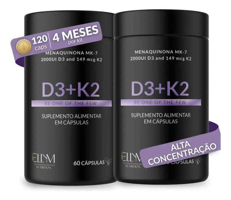 Kit 2 Vitamina D3 K2 MK7 Cápsulas 2000UI 149mcg Menaquinona 7