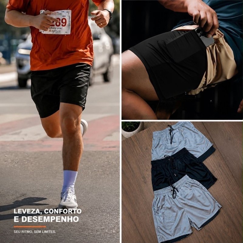 Kit 3 Shorts 2 Em 1 Masculino De Compressão Corrida Academia (M ao GG)