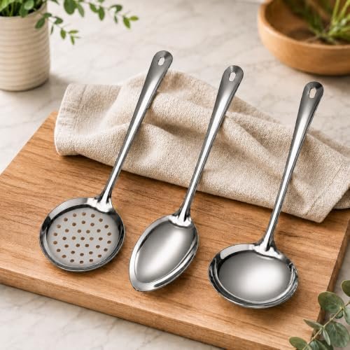 Kit 3 Peças Escumadeira, Concha e Colher de Arroz Cabo Longo (32, 35 e 30 cm) Aço Inox Resistente