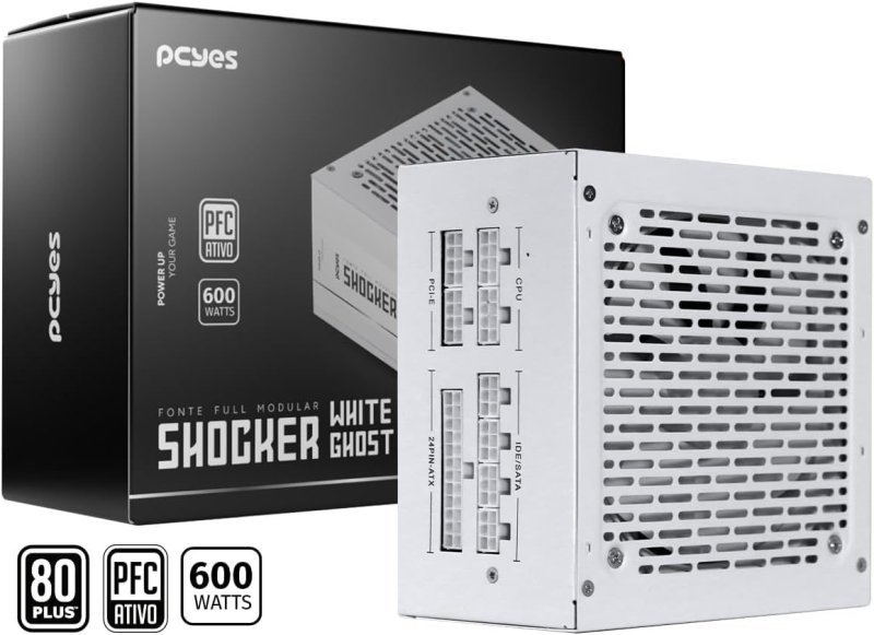 Fonte Gamer Pcyes Shocker Full Modular 600w 80 Plus White - White Ghost - FM600WWG