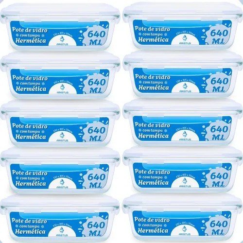 Kit 10 Potes Vidro 640ml Hermético Tampas 4 Travas Cozinha Branco