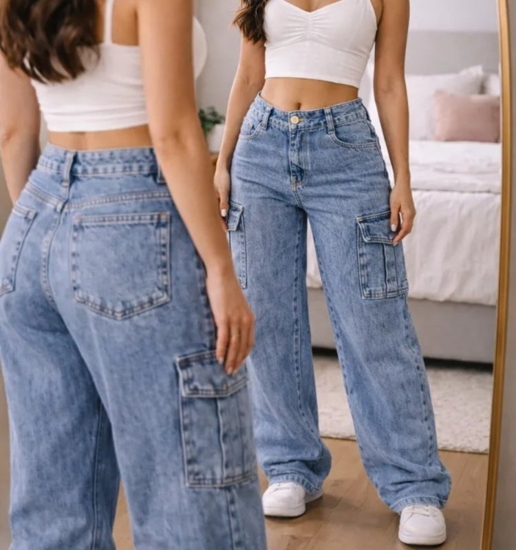 Calça Cargo Feminina Wide Leg Cintura Alta Jeans Stillger